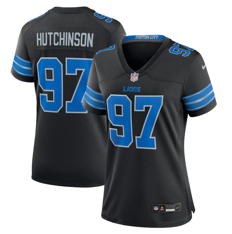 Women's Detroit Lions #97 Aidan Hutchinson Black 2nd Alternate Stitched Jersey(Run Smaller) Women's Detroit Lions #97 Aidan Hutchinson Black 2nd Alternate Stitched Jersey(Run Smaller)