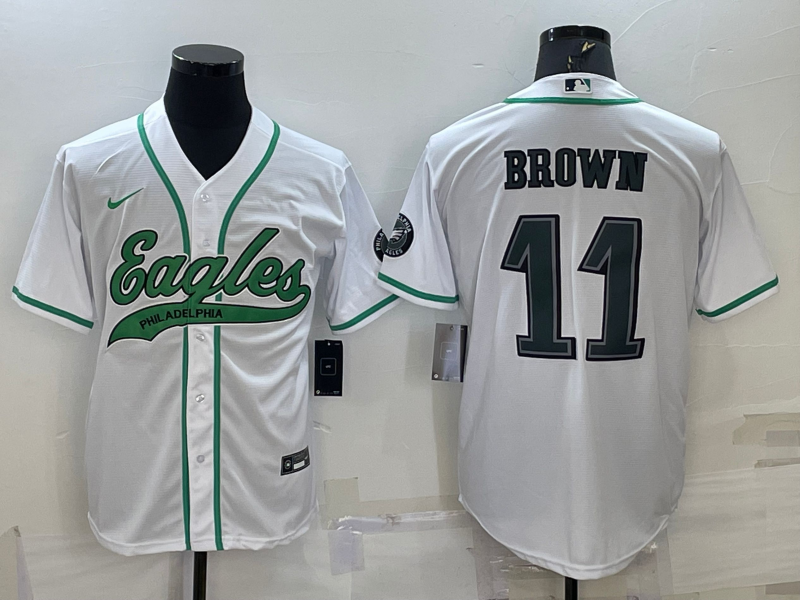 Men's Philadelphia Eagles #11 A. J. Brown White With Patch Cool Base Stitched Baseball Jersey Men's Philadelphia Eagles #11 A. J. Brown White With Patch Cool Base Stitched Baseball Jersey