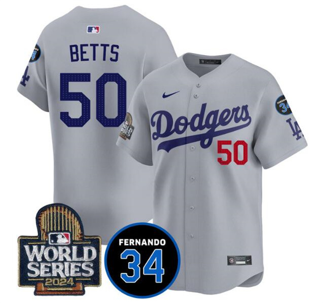 Men's Los Angeles Dodgers #50 Mookie Betts Grey 2024 World Series With Fernando Memorial Patch Limited Stitched Baseball Jersey Men's Los Angeles Dodgers #50 Mookie Betts Grey 2024 World Series With Fernando Memorial Patch Limited Stitched Baseball Jersey