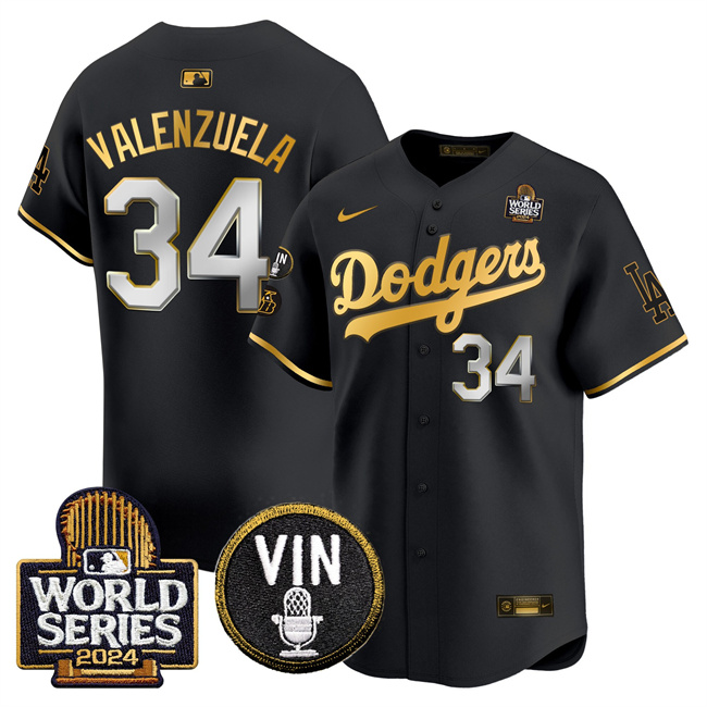 Men's Los Angeles Dodgers #34 Toro Valenzuela Black/Gold 2024 World Series With Vin & Kobe Patch Limited Stitched Baseball Jersey Men's Los Angeles Dodgers #34 Toro Valenzuela Black/Gold 2024 World Series With Vin & Kobe Patch Limited Stitched Baseball Jersey