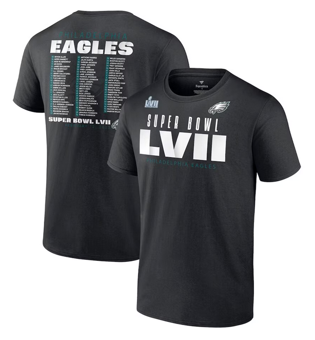 Men's Philadelphia Eagles Black Super Bowl LVII Varsity Roster T-Shirt Men's Philadelphia Eagles Black Super Bowl LVII Varsity Roster T-Shirt