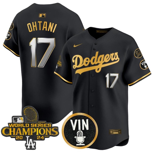 Men's Los Angeles Dodgers #17 Shohei Ohtani Black/Gold 2024 World Series Champions With Vin Scully & Fernando Patch Vapor Limited Stitched Baseball Jersey Men's Los Angeles Dodgers #17 Shohei Ohtani Black/Gold 2024 World Series Champions With Vin Scully & Fernando Patch Vapor Limited Stitched Baseball Jersey