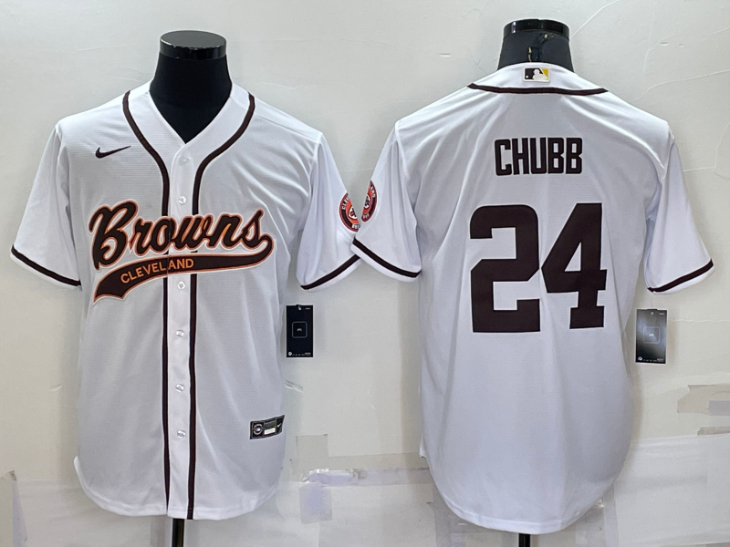 Men's Cleveland Browns #24 Nick Chubb White With Patch Cool Base Stitched Baseball Jersey Men's Cleveland Browns #24 Nick Chubb White With Patch Cool Base Stitched Baseball Jersey