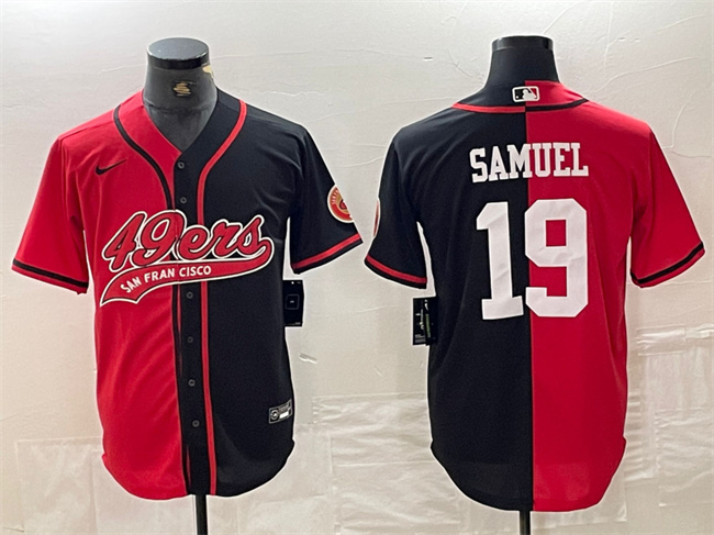 Men's San Francisco 49ers #19 Deebo Samuel Red/Black Split With Patch Cool Base Stitched Baseball Jersey Men's San Francisco 49ers #19 Deebo Samuel Red/Black Split With Patch Cool Base Stitched Baseball Jersey