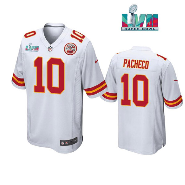 Men's Kansas City Chiefs #10 Isaih Pacheco White Super Bowl LVII Patch Stitched Game Jersey Men's Kansas City Chiefs #10 Isaih Pacheco White Super Bowl LVII Patch Stitched Game Jersey