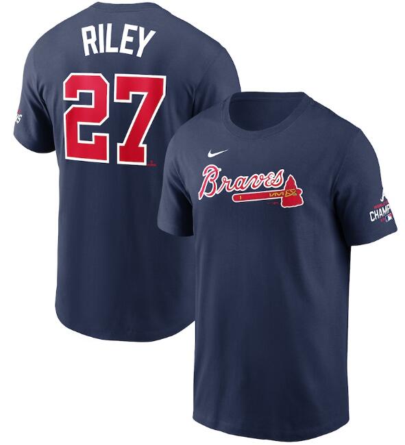 Men's Atlanta Braves #27 Austin Riley 2021 Navy World Series Champions Player Name & Number T-Shirt Men's Atlanta Braves #27 Austin Riley 2021 Navy World Series Champions Player Name & Number T-Shirt