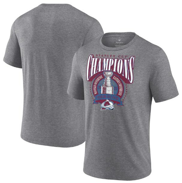 Men's Colorado Avalanche Heathered Gray 2022 Stanley Cup Champions Banner Tri-Blend T-Shirt Men's Colorado Avalanche Heathered Gray 2022 Stanley Cup Champions Banner Tri-Blend T-Shirt
