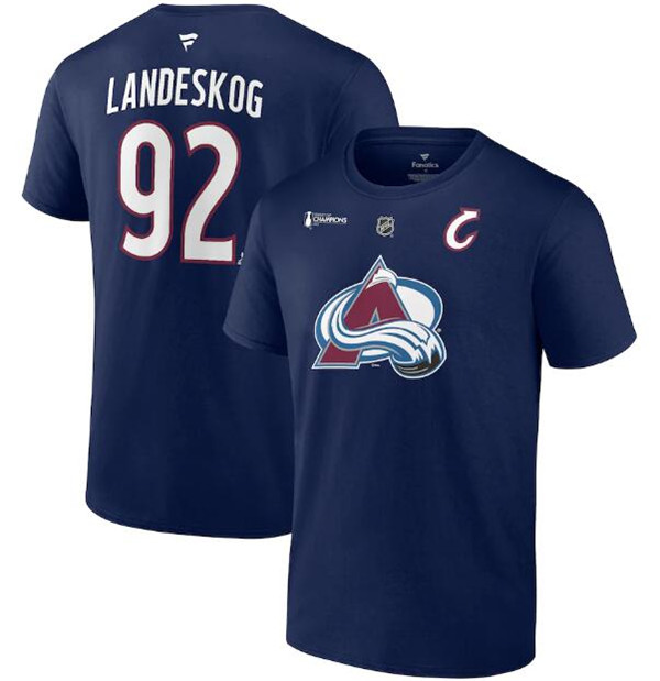 Men's Colorado Avalanche #92 Gabriel Landeskog Navy 2022 Stanley Cup Champions Authentic Stack Name & Number T-Shirt Men's Colorado Avalanche #92 Gabriel Landeskog Navy 2022 Stanley Cup Champions Authentic Stack Name & Number T-Shirt
