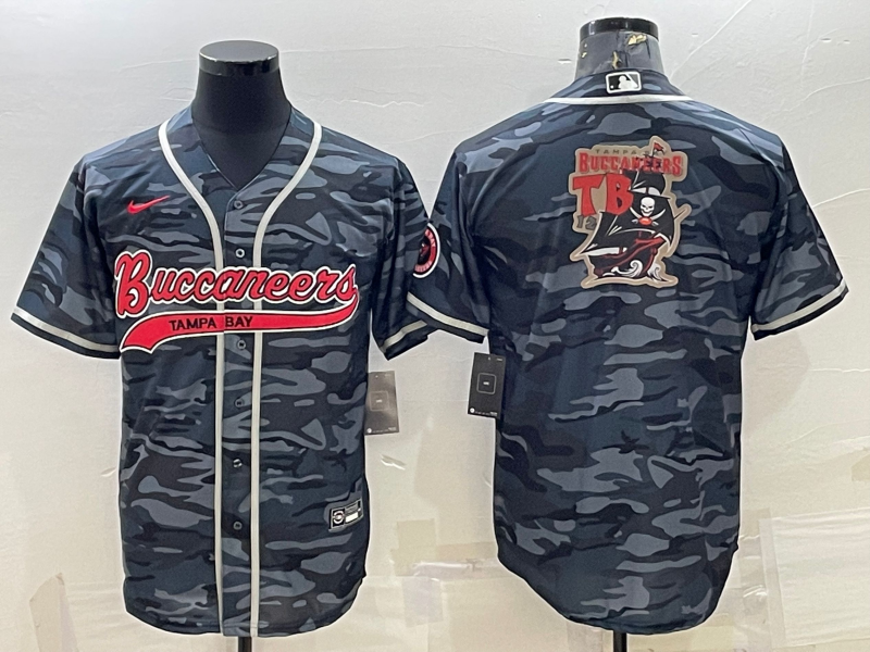 Men's Tampa Bay Buccaneers Grey Camo Team Big Logo With Patch Cool Base Stitched Baseball Jersey Men's Tampa Bay Buccaneers Grey Camo Team Big Logo With Patch Cool Base Stitched Baseball Jersey
