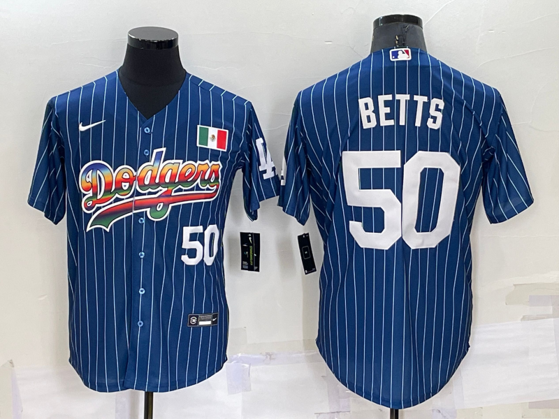 Men's Los Angeles Dodgers #50 Mookie Betts Navy Mexico Rainbow Cool Base Stitched Baseball Jersey