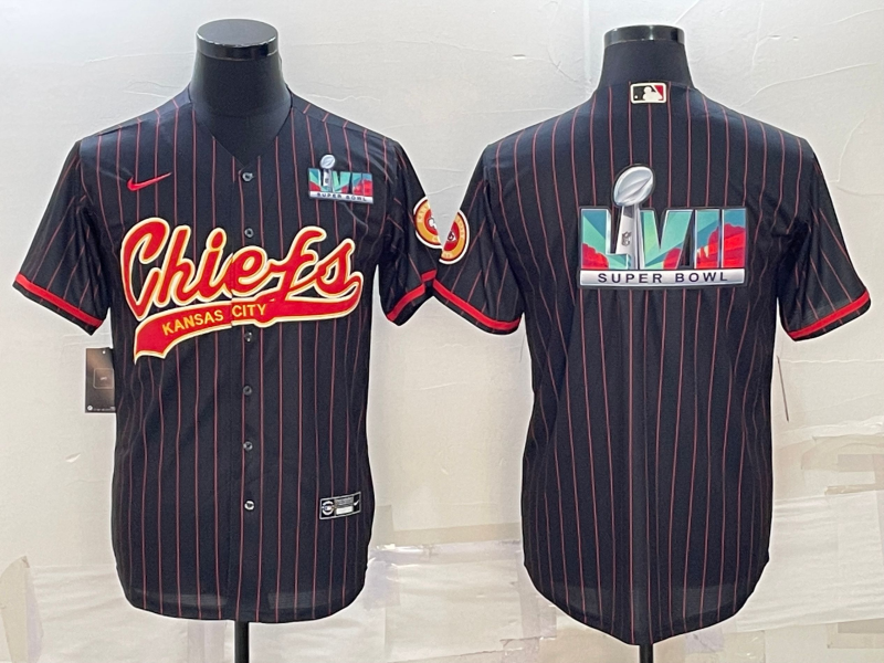 Men's Kansas City Chiefs Black With Super Bowl LVII Big Logo Cool Base Stitched Baseball Jersey Men's Kansas City Chiefs Black With Super Bowl LVII Big Logo Cool Base Stitched Baseball Jersey