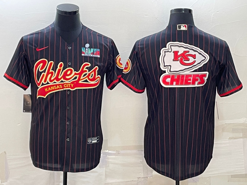 Men's Kansas City Chiefs Black Team Big Logo With Super Bowl LVII Patch Cool Base Stitched Baseball Jersey Men's Kansas City Chiefs Black Team Big Logo With Super Bowl LVII Patch Cool Base Stitched Baseball Jersey