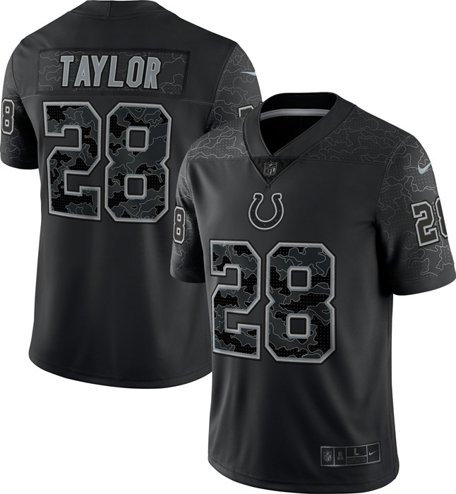 Men's Indianapolis Colts #28 Jonathan Taylor Black Reflective Limited Stitched Football Jersey Men's Indianapolis Colts #28 Jonathan Taylor Black Reflective Limited Stitched Football Jersey