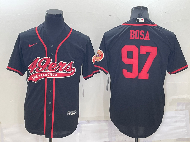Men's San Francisco 49ers #97 Nick Bosa Black Cool Base Stitched Baseball Jersey Men's San Francisco 49ers #97 Nick Bosa Black Cool Base Stitched Baseball Jersey