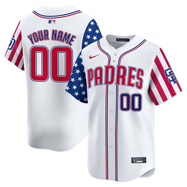 Men's San Diego Padres Active Player Custom White 2025 Independence Day Vapor Premier Limited Stitched Baseball Jersey Men's San Diego Padres Active Player Custom White 2025 Independence Day Vapor Premier Limited Stitched Baseball Jersey