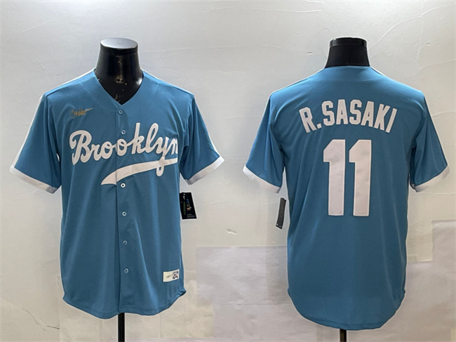 Men's Los Angeles Dodgers #11 Roki Sasaki Blue Throwback Stitched Baseball Jersey Men's Los Angeles Dodgers #11 Roki Sasaki Blue Throwback Stitched Baseball Jersey