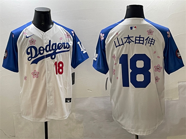 Men's Los Angeles Dodgers #18 山本由伸 White/Royal 2025 Tokyo Series Limited Stitched Baseball Jersey Men's Los Angeles Dodgers #18 山本由伸 White/Royal 2025 Tokyo Series Limited Stitched Baseball Jersey