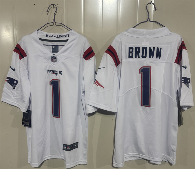 Men's New England Patriots #1 A.J. Brown White 2026 Vapor Limited Stitched Football Jersey Men's New England Patriots #1 A.J. Brown White 2026 Vapor Limited Stitched Football Jersey