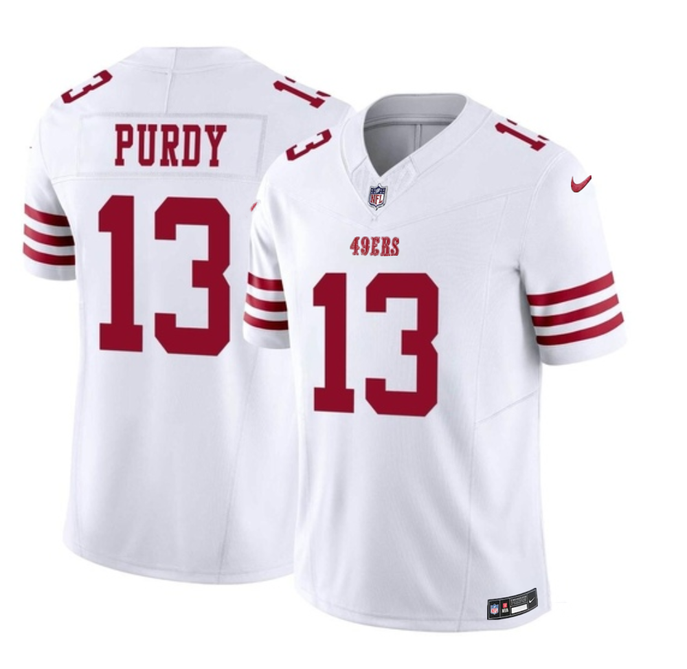 Men's San Francisco 49ers #13 Brock Purdy White 2023 F.U.S.E. Vapor Untouchable Limited Stitched Football Jersey Men's San Francisco 49ers #13 Brock Purdy White 2023 F.U.S.E. Vapor Untouchable Limited Stitched Football Jersey