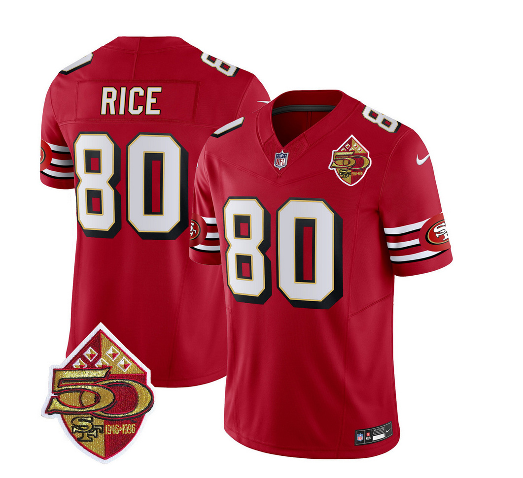 Men's San Francisco 49ers 80 Jerry Rice Red 2023 F.U.S.E. 50th Patch Throwback Stitched Football Jersey Men's San Francisco 49ers 80 Jerry Rice Red 2023 F.U.S.E. 50th Patch Throwback Stitched Football Jersey