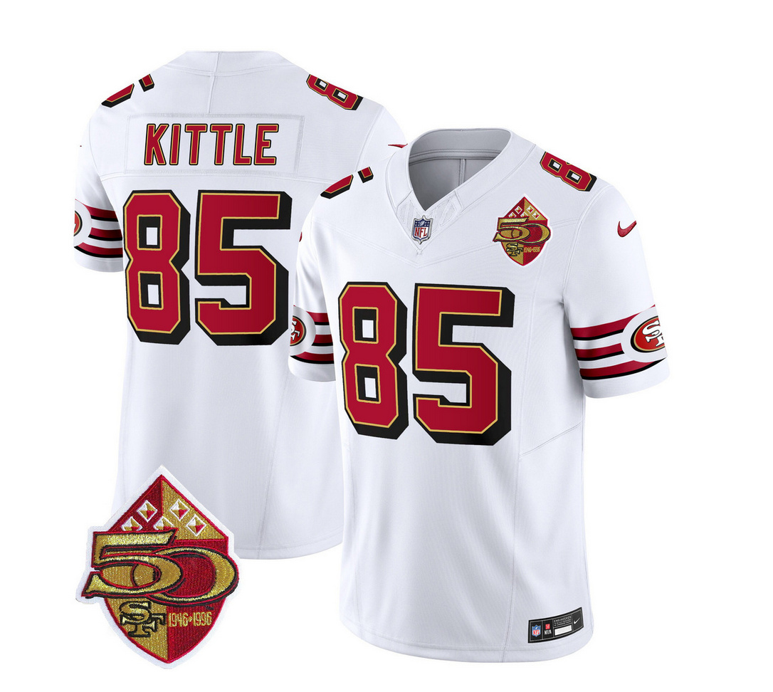 Men's San Francisco 49ers #85 George Kittle White 2023 F.U.S.E. 50th Patch Vapor Untouchable Limited Stitched Football Jersey Men's San Francisco 49ers #85 George Kittle White 2023 F.U.S.E. 50th Patch Vapor Untouchable Limited Stitched Football Jersey