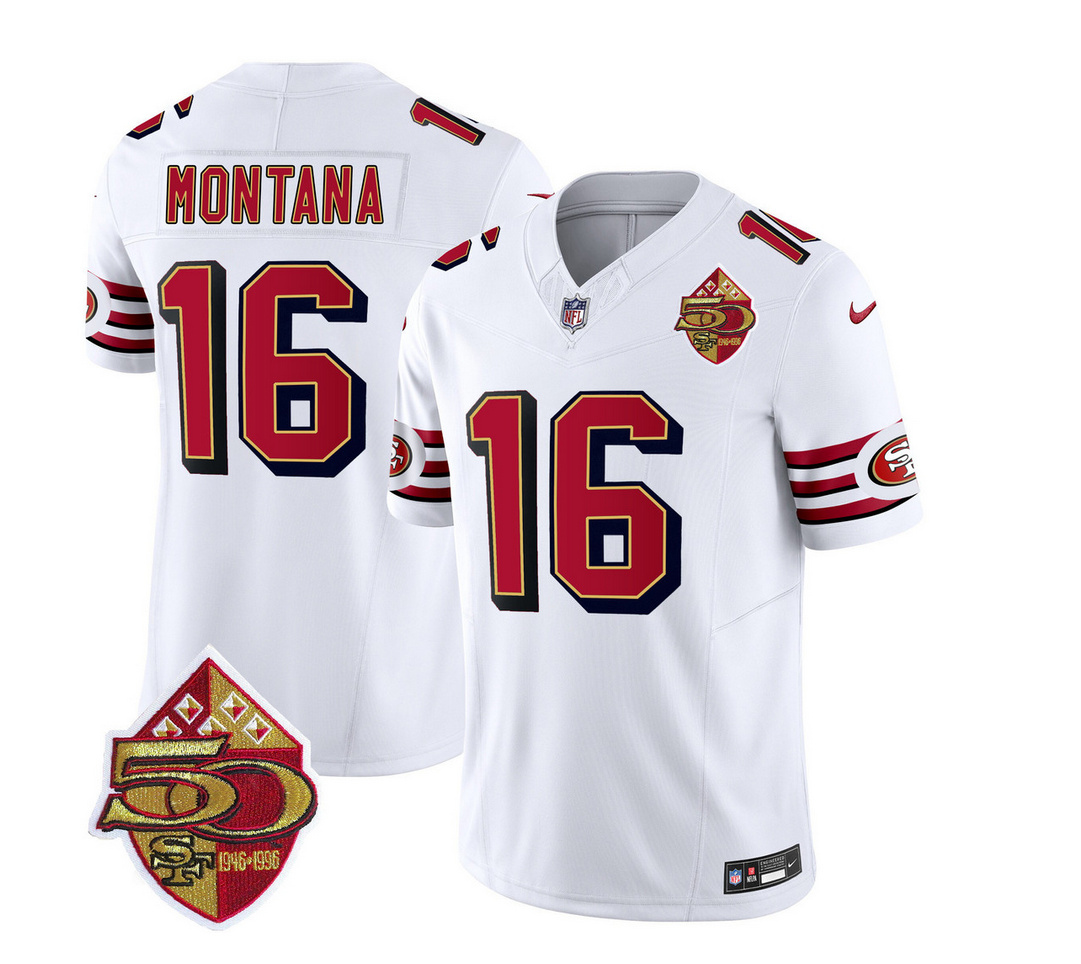 Men's San Francisco 49ers #16 Joe Montana White 2023 F.U.S.E. 50th Patch Throwback Stitched Football Jersey Men's San Francisco 49ers #16 Joe Montana White 2023 F.U.S.E. 50th Patch Throwback Stitched Football Jersey