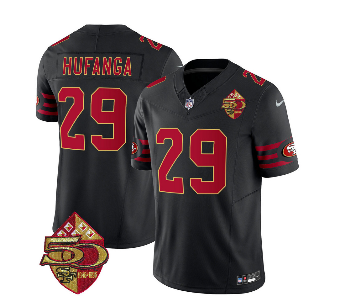 Men's San Francisco 49ers #29 Talanoa Hufanga Black 2023 F.U.S.E. 50th Patch Vapor Limited Stitched Football Jersey Men's San Francisco 49ers #29 Talanoa Hufanga Black 2023 F.U.S.E. 50th Patch Vapor Limited Stitched Football Jersey