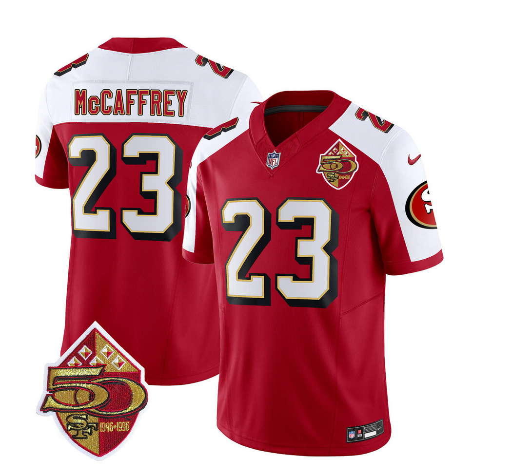 Men's San Francisco 49ers #23 Christian McCaffrey Red/White 2023 F.U.S.E. 50th Patch Throwback Stitched Football Jersey Men's San Francisco 49ers #23 Christian McCaffrey Red/White 2023 F.U.S.E. 50th Patch Throwback Stitched Football Jersey
