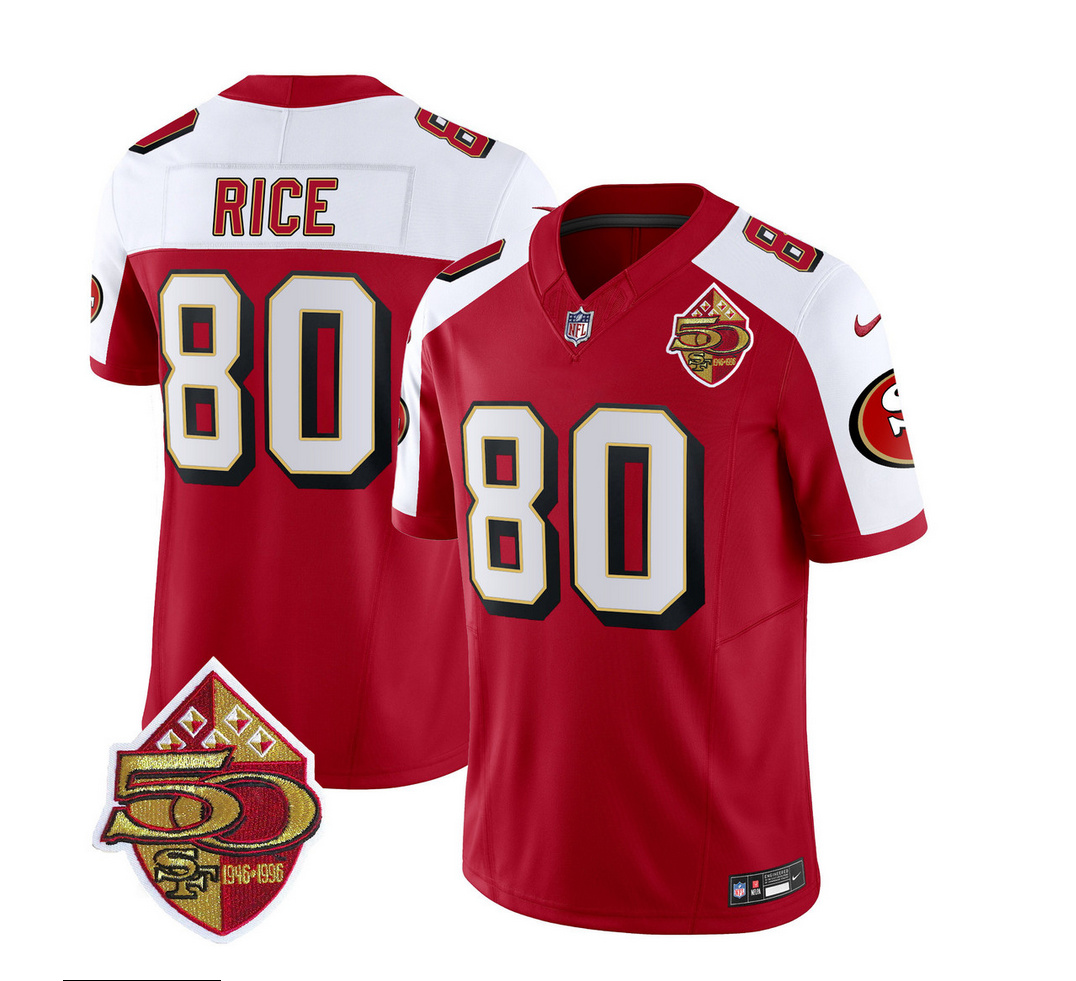 Men's San Francisco 49ers #80 Jerry Rice Red/White 2023 F.U.S.E. 50th Patch Throwback Stitched Football Jersey Men's San Francisco 49ers #80 Jerry Rice Red/White 2023 F.U.S.E. 50th Patch Throwback Stitched Football Jersey