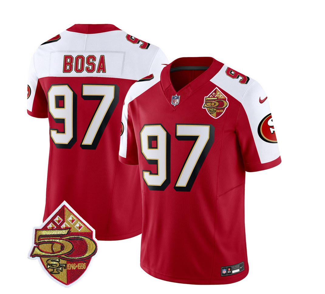 Men's San Francisco 49ers #97 Nick Bosa Red/White 2023 F.U.S.E. 50th Patch Throwback Stitched Football Jersey Men's San Francisco 49ers #97 Nick Bosa Red/White 2023 F.U.S.E. 50th Patch Throwback Stitched Football Jersey