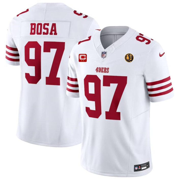 Men's San Francisco 49ers #97 Nick Bosa White 2023 F.U.S.E. With 2-star C Ptach And John Madden Patch Vapor Limited Stitched Football Jersey Men's San Francisco 49ers #97 Nick Bosa White 2023 F.U.S.E. With 2-star C Ptach And John Madden Patch Vapor Limited Stitched Football Jersey