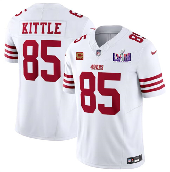Men's San Francisco 49ers #85 George Kittle White F.U.S.E. Super Bowl LVIII Patch And 4-star C Patch Vapor Untouchable Limited Stitched Football Jersey Men's San Francisco 49ers #85 George Kittle White F.U.S.E. Super Bowl LVIII Patch And 4-star C Patch Vapor Untouchable Limited Stitched Football Jersey