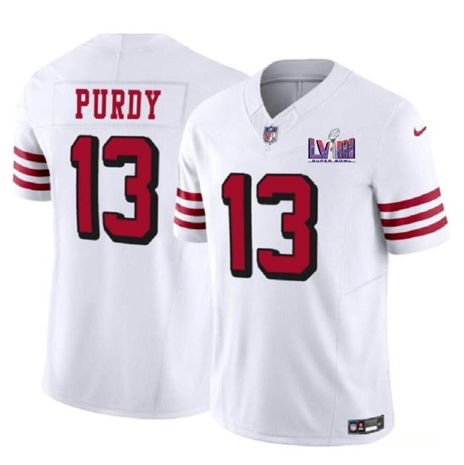Men's San Francisco 49ers #13 Brock Purdy New White F.U.S.E. Super Bowl LVIII Patch Vapor Untouchable Limited Stitched Football Jersey Men's San Francisco 49ers #13 Brock Purdy New White F.U.S.E. Super Bowl LVIII Patch Vapor Untouchable Limited Stitched Football Jersey