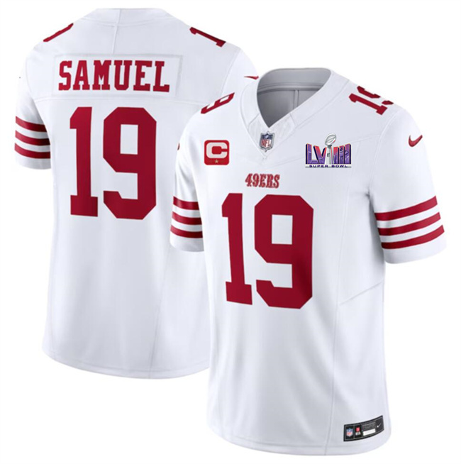 Men's San Francisco 49ers #19 Deebo Samuel White F.U.S.E. Super Bowl LVIII Patch And 1-star C Patch Vapor Untouchable Limited Stitched Football Jersey Men's San Francisco 49ers #19 Deebo Samuel White F.U.S.E. Super Bowl LVIII Patch And 1-star C Patch Vapor Untouchable Limited Stitched Football Jersey