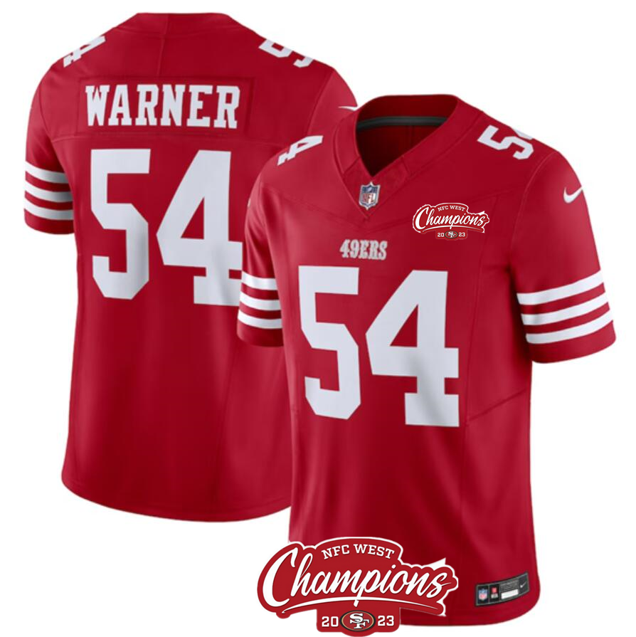 Men's San Francisco 49ers #54 Fred Warner Red 2023 F.U.S.E. NFC West Champions Patch Stitched Football Jersey Men's San Francisco 49ers #54 Fred Warner Red 2023 F.U.S.E. NFC West Champions Patch Stitched Football Jersey