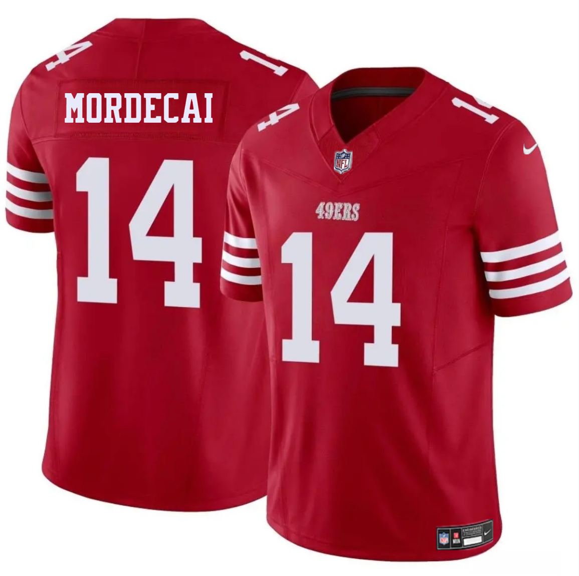 Men's San Francisco 49ers #14 Tanner Mordecai Red 2025 F.U.S.E. Vapor Untouchable Limited Stitched Football Jersey Men's San Francisco 49ers #14 Tanner Mordecai Red 2025 F.U.S.E. Vapor Untouchable Limited Stitched Football Jersey