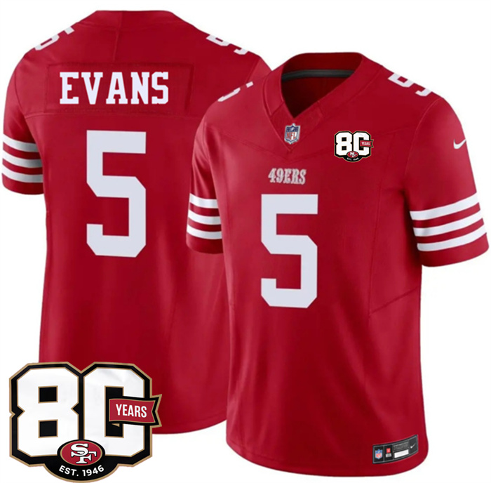 Men's San Francisco 49ers #5 Mike Evans Red 80th Anniversary Patch 2026 F.U.S.E. Vapor Untouchable Limited Stitched Football Jersey