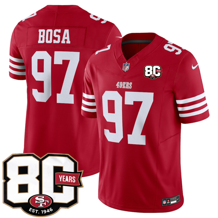 Men's San Francisco 49ers #97 Nick Bosa Red 80th Anniversary Patch 2026 F.U.S.E. Vapor Untouchable Limited Stitched Football Jersey
