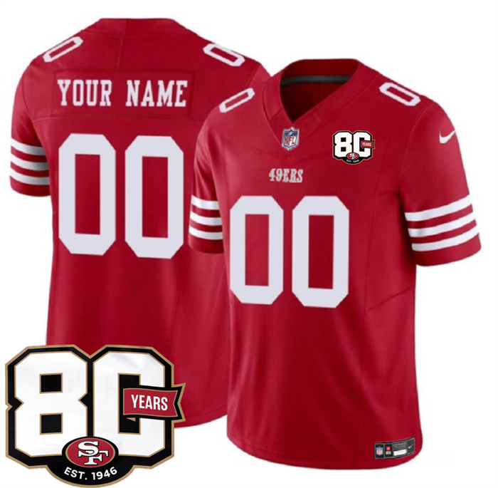 Men's San Francisco 49ers Active Player Custom Red 80th Anniversary Patch 2026 F.U.S.E. Vapor Untouchabl2026 F.U.S.E. Vapor Untouchable Limited Stitched Football Jersey