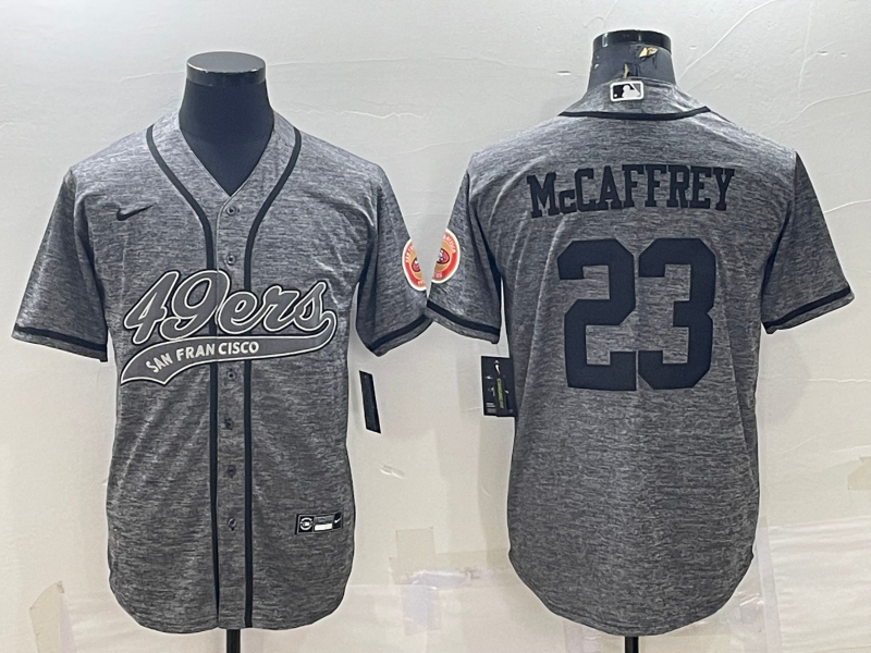 Men's San Francisco 49ers #23 Christian McCaffrey Grey With Patch Cool Base Stitched Baseball Jersey Men's San Francisco 49ers #23 Christian McCaffrey Grey With Patch Cool Base Stitched Baseball Jersey