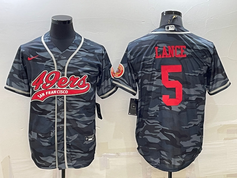 Men's San Francisco 49ers #5 Trey Lance Grey Red Camo With Patch Cool Base Stitched Baseball Jersey Men's San Francisco 49ers #5 Trey Lance Grey Red Camo With Patch Cool Base Stitched Baseball Jersey