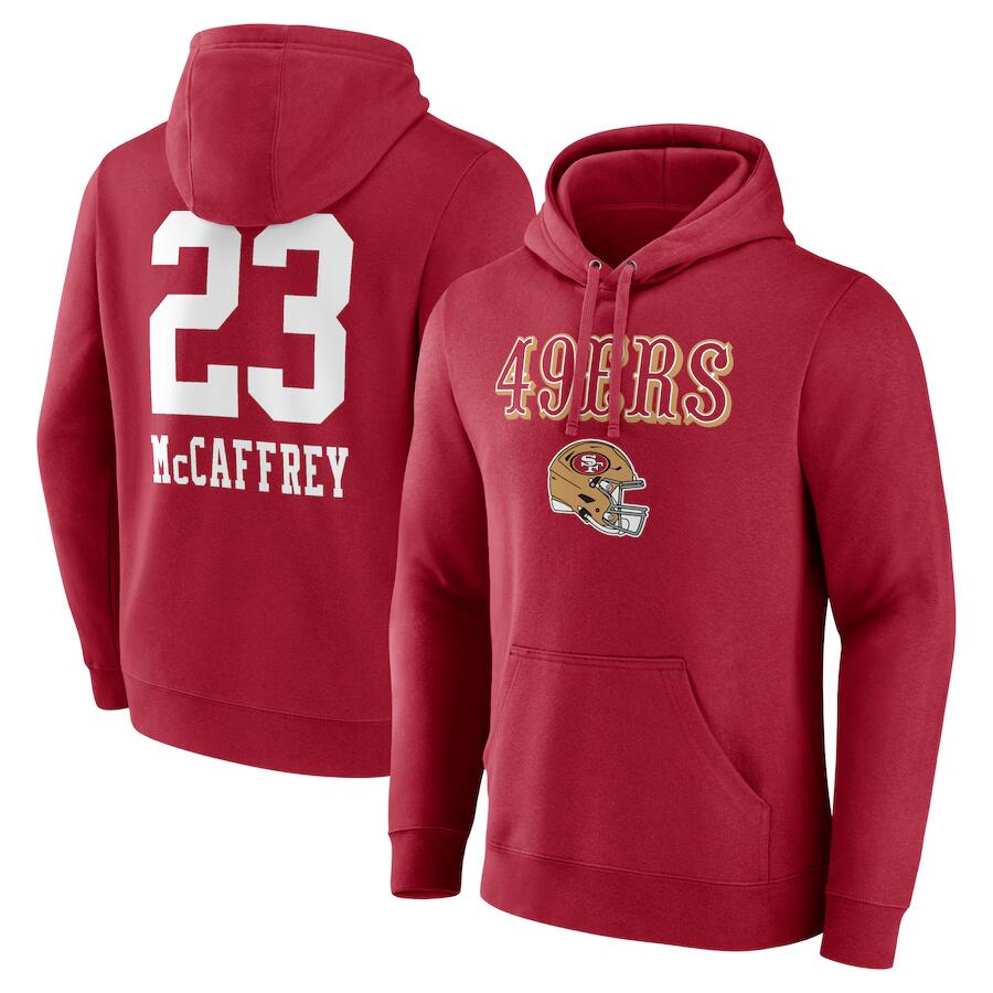Men's San Francisco 49ers #23 Christian McCaffrey Red Team Wordmark Player Name & Number Pullover Hoodie Men's San Francisco 49ers #23 Christian McCaffrey Red Team Wordmark Player Name & Number Pullover Hoodie