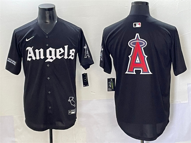 Men's Los Angeles Angels Team Big Logo Black 'Gothic Halo Edition' Vapor Limited Stitched Baseball Jersey Men's Los Angeles Angels Team Big Logo Black 'Gothic Halo Edition' Vapor Limited Stitched Baseball Jersey