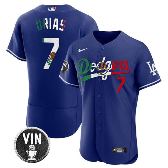 Men's Los Angeles Dodgers #7 Julio Urias Royal Mexico Special Vin Scully Patch Flex Base Stitched Baseball Jersey Men's Los Angeles Dodgers #7 Julio Urias Royal Mexico Special Vin Scully Patch Flex Base Stitched Baseball Jersey