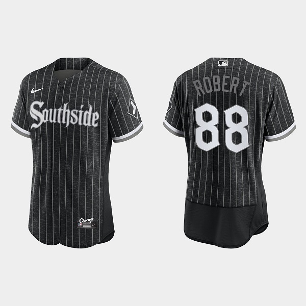 Men's Chicago White Sox #88 Luis Robert Black 2021 City Connect Flex Base Stitched Jersey Men's Chicago White Sox #88 Luis Robert Black 2021 City Connect Flex Base Stitched Jersey