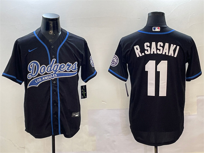 Men's Los Angeles Dodgers #11 Roki Sasaki Black With Patch Cool Base Stitched Baseball Jersey Men's Los Angeles Dodgers #11 Roki Sasaki Black With Patch Cool Base Stitched Baseball Jersey
