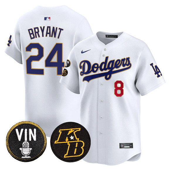 Men's Los Angeles Dodgers Front #8 Back #24 Kobe Bryant White 2026 Vin & Kobe Patch Gold Trim Vapor Premier Limited Stitched Baseball Jersey Men's Los Angeles Dodgers Front #8 Back #24 Kobe Bryant White 2026 Vin & Kobe Patch Gold Trim Vapor Premier Limited Stitched Baseball Jersey
