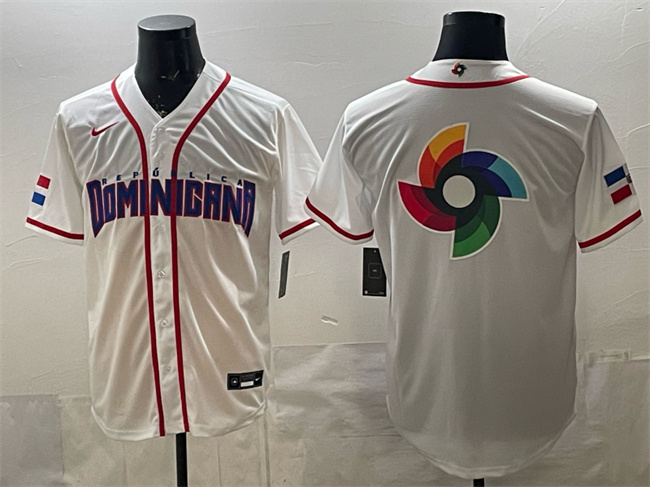 Men's Dominican Republic Baseball Team Big Logo White 2026 World Baseball Classic Home Stadium Stitched Jersey Men's Dominican Republic Baseball Team Big Logo White 2026 World Baseball Classic Home Stadium Stitched Jersey
