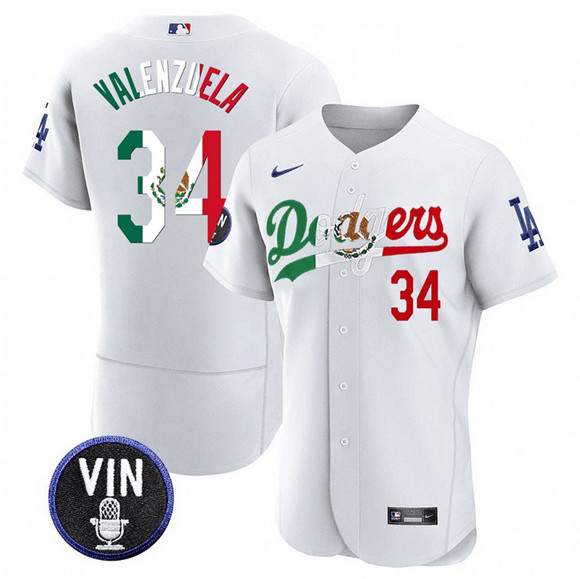 Men's Los Angeles Dodgers #34 Fernando Valenzuela White Mexico Special Vin Scully Patch Flex Base Stitched Baseball Jersey Men's Los Angeles Dodgers #34 Fernando Valenzuela White Mexico Special Vin Scully Patch Flex Base Stitched Baseball Jersey
