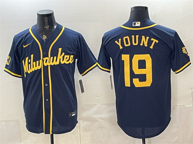 Men's Milwaukee Brewers #19 Robin Yount Navy 2025 With Patch Stitched Baseball Jersey